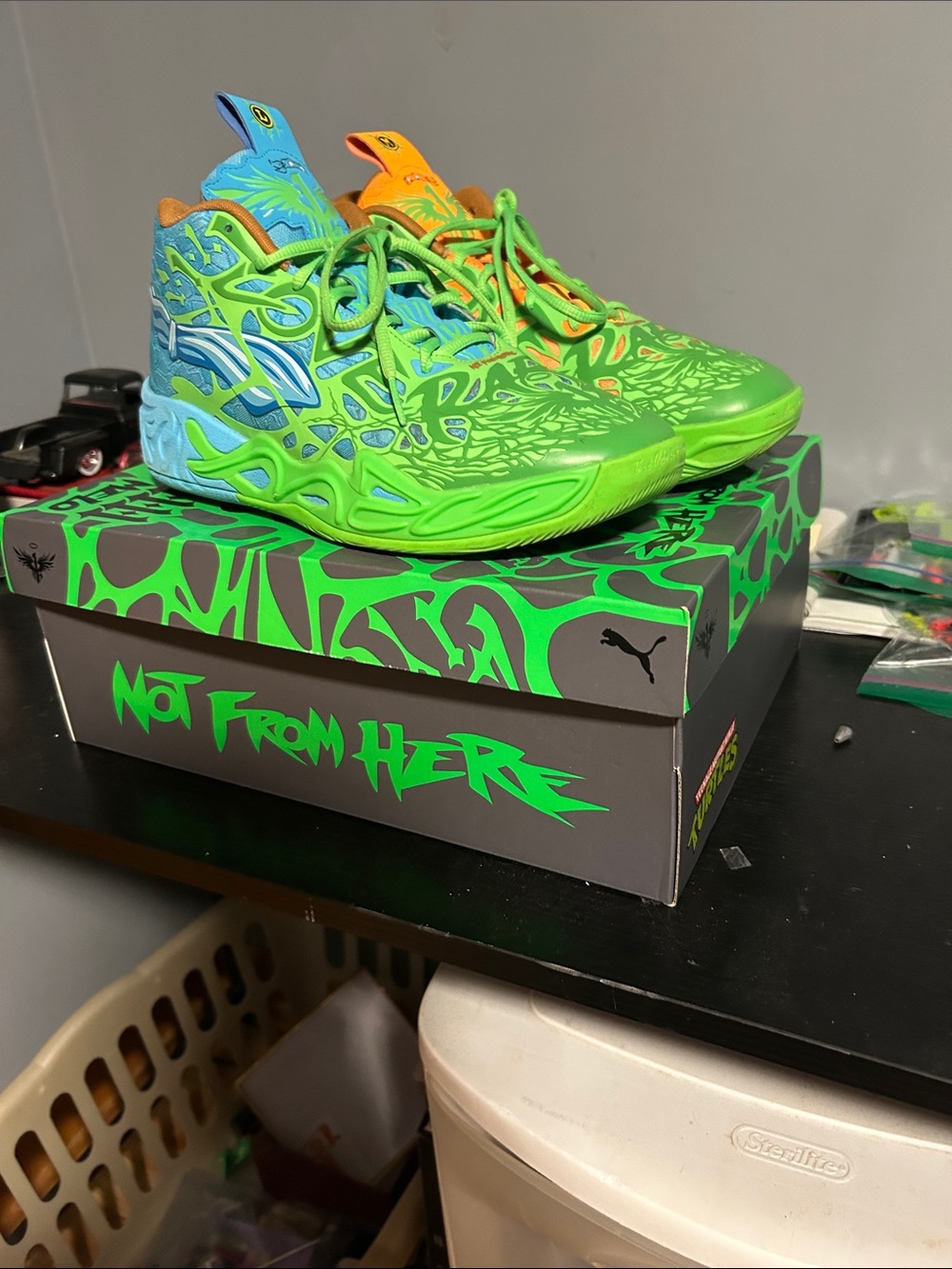 Puma Kids' Neon Green & Blue High-Top Sneakers with Orange Accents